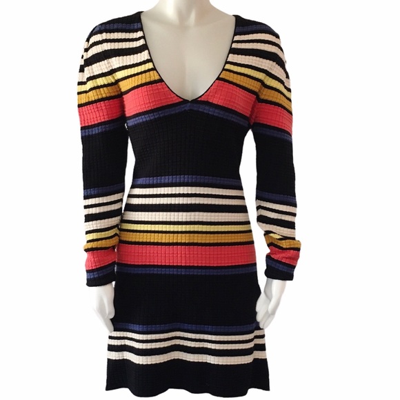 Free People Dresses & Skirts - FREE PEOPLE Gidget Rainbow Striped Long Sleeve Textured Knit Sweater Dress Sz. M